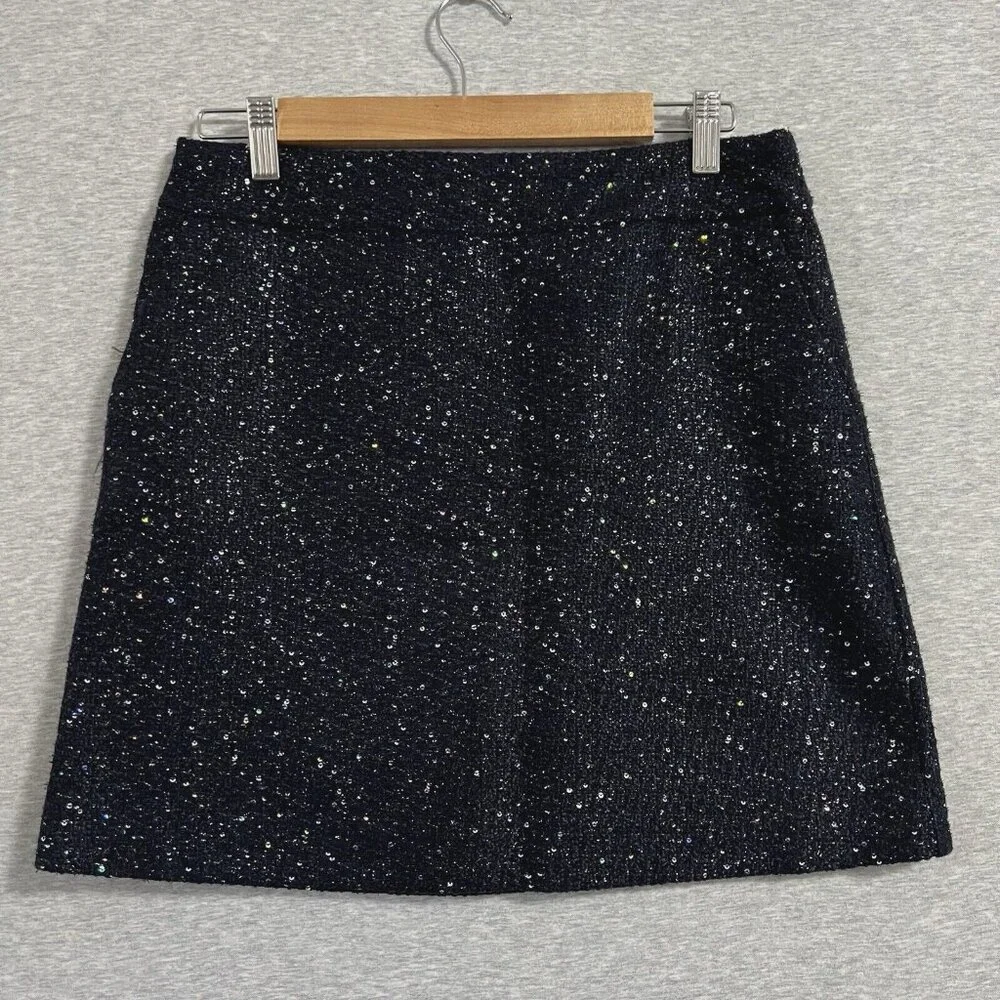 Loft Skirt Womens 6 Petite Navy Blue Tweed Sequin‎ Glitz Holiday Disco Evening